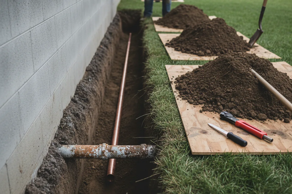 Excavated water line trench during Water Softener Installation in Elk Mills